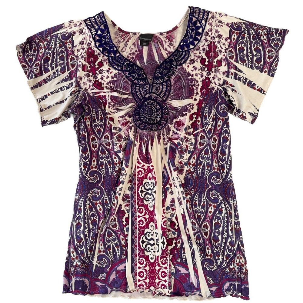 Embroidered Top Blouse Purple V-Neck Women’s Size XL Lace Embellished